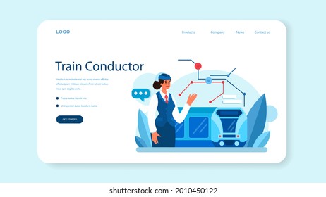 Train conductor web banner or landing page. Railway worker in uniform on duty. Train attendant help passenger in journey. Traveling by train. Flat vector illustration