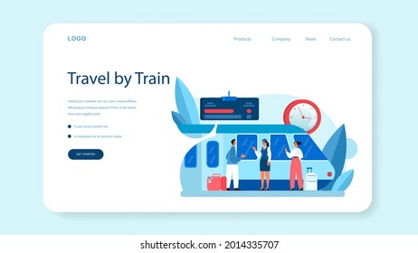 Train conductor web banner or landing page. Railway worker in uniform on duty. Train attendant help passenger in journey. Traveling by train. Flat vector illustration