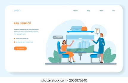 Train conductor web banner or landing page. Railway worker in uniform on duty. Train attendant help passenger in journey. Traveling by train. Vector flat illustration