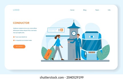 Banner web del conductor del tren o página de aterrizaje. Trabajador de tren con uniforme de guardia. La auxiliar de trenes ayuda a los pasajeros en el viaje. Viajando en tren. Ilustración plana del vector