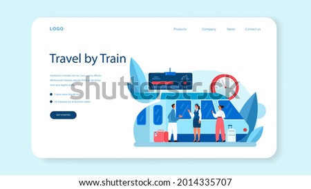 Train conductor web banner or landing page. Railway worker in uniform on duty. Train attendant help passenger in journey. Traveling by train. Flat vector illustration
