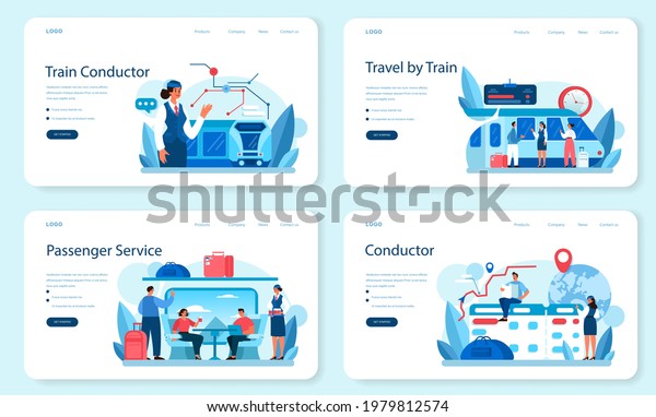 Train conductor web\
banner or landing page set. Railway worker in uniform on duty.\
Train attendant help passenger in journey. Traveling by train. Flat\
vector illustration