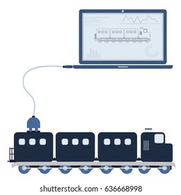 Train connected to a laptop through a usb cable. Outline of the train and graphs being shown on the computer monitor. Flat design. Isolated.