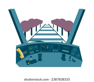 Train control cabin, view from inside. Train tracks. Technology, transport. Driver’s point of view. Flat style colorful vector illustration.