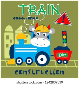 train and cow funny animal cartoon,vector illustration