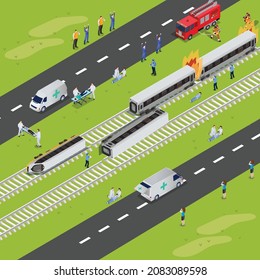 Train crash concept: Rescue operation in progress for a derailed train isometric 3d vector