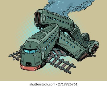 Desastre de acidente de trem. Trem quebrado e destruído. Problemas logísticos. Desenho animado pop art retro vetor ilustração desenho à mão