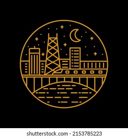 a train cross a city tower at the night, mono line design, design for t-shirt, badge, sticker, etc