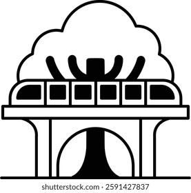 A train is crossing a bridge over a tree