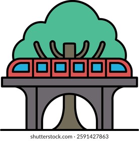 A train is crossing a bridge over a tree