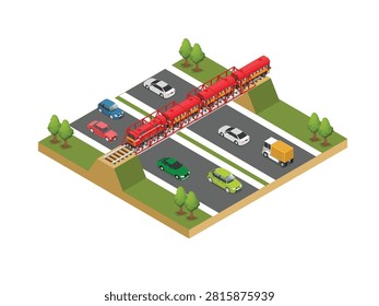 Train Crossing a Railway Bridge Over a Highway with Cars and Trucks 3d isometric vector illustration