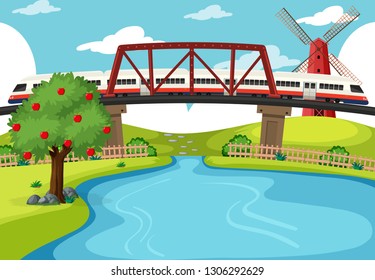 Ilustración del tren que atraviesa el río