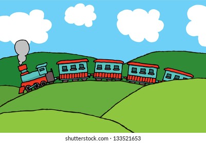 Train cruising through hills