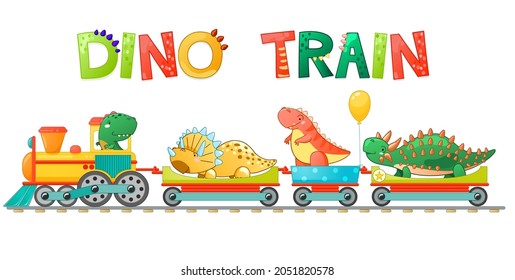 Tren con un lindo dinosaurio pequeño al estilo de las caricaturas. Ilustración vectorial colorida para la escuela, diseño de niños preescolares.