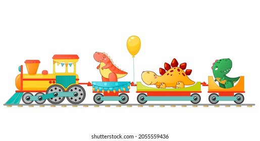 Train with cute little dinosaur in cartoon style. Vector colorful illustration for school, preschool kids design.