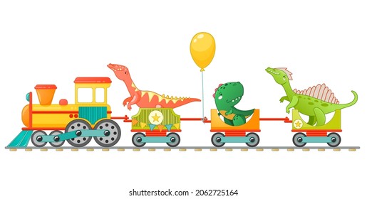 Train with cute little dinosaur in cartoon style. Vector colorful illustration for school, preschool kids design.