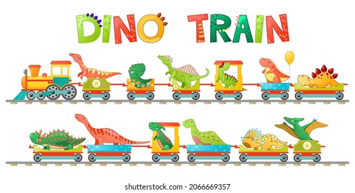 Train with cute little dinosaur in cartoon style. Vector colorful illustration for school, preschool kids design.