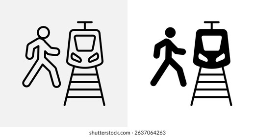 Train danger icon. Person walking near incoming train on railway tracks vector illustration. Warning symbol for pedestrian safety near stations. Risk of accident sign. Hazard alert pictogram.