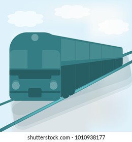 A train dark blue color at the railway station at the light blue background