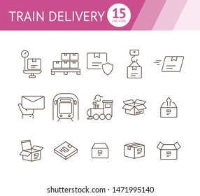 Train delivery icons. Set of line icons. Locomotive, subway, open box. Postal service concept. Vector illustration can be used for topics like transportation, delivery service, logistics