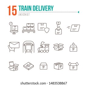Train delivery icons. Set of line icons. Locomotive, subway, open box. Postal service concept. Vector illustration can be used for topics like transportation, delivery service, logistics