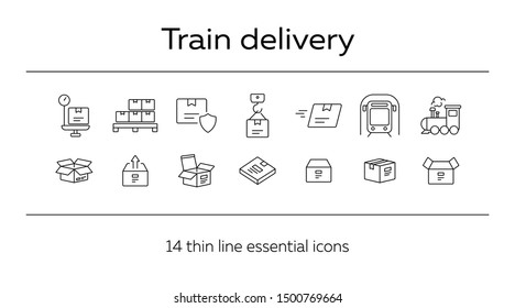 Train delivery icons. Set of line icons. Locomotive, subway, open box. Postal service concept. Vector illustration can be used for topics like transportation, delivery service, logistics