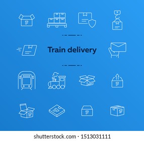 Train delivery icons. Set of line icons. Locomotive, subway, open box. Postal service concept. Vector illustration can be used for topics like transportation, delivery service, logistics