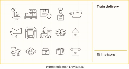Train delivery icons. Set of line icons. Locomotive, subway, open box. Postal service concept. Vector illustration can be used for topics like transportation, delivery service, logistics