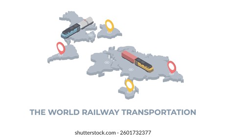 Train delivery isometry. Railway logistic transport on a background map of the world. Delivery service global logistic. Fast delivery concept.