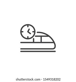 Train delivery time line icon. linear style sign for mobile concept and web design. High-speed train with clock outline vector icon. Express shipping symbol, logo illustration. Vector graphics