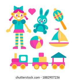 Train, doll, ball, yacht, rabbit, rattle, cubes, bunny. Set of bright toys for kids. Perfect for children shop, card, web store. Vector flat cartoon collection isolated on white background