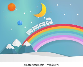 train of dream on rainbow railway paper art style, fantasy concept background vector illustration