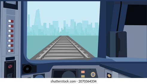 Train Driver In Cabin Of A Modern Train. Interior Control Place Of Train. Inside View. Flat Vector Illustration Of Dashboard.