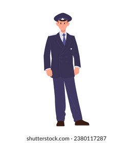 Train driver cartoon character wearing uniform, professional staff providing railway service