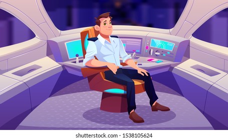 Train driver in cockpit, railroad engineer sitting in turning armchair near control panel in railway car cabin with electronic dashboard, buttons and panoramic windows. Cartoon vector illustration