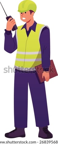 Train driver man wearing uniform with yellow vest and helmet speaks on the radio. Professional staff providing railway service. Subway worker cartoon character. Vector flat illustration isolated