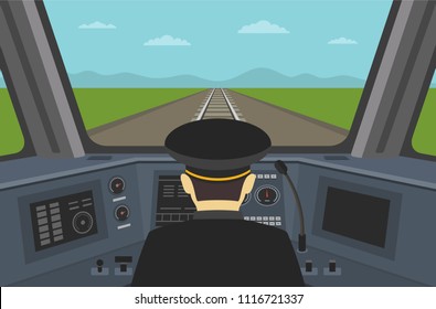 Train Driver Sitting In Cabin Of A Modern Train. Interior Control Place Of Train. Inside View. Flat Vector Illustration Of Dashboard. 