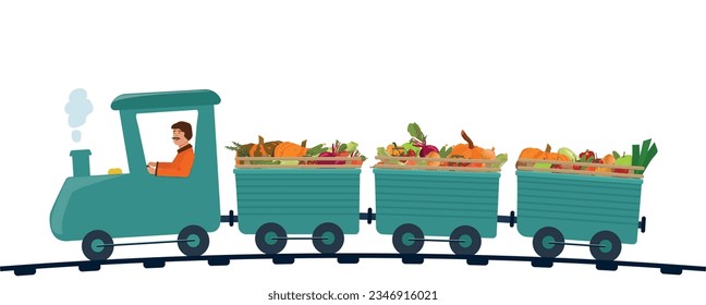 The train driver is traveling with a harvest of vegetables.  Harvest, autumn, agriculture. Vector illustration.