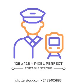 Zweifarbiges Symbol des Triebfahrzeugführers. Eisenbahn-Besetzung. Bahnpersonal. Lokomotivführer. Zweifarbiges Umrisssymbol für öffentliche Verkehrsmittel. Lineares Zweiton-Piktogramm. Einzeldarstellung. Bearbeitbarer Strich