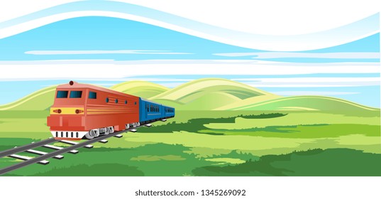The train driving on railroad at the steppe landscape vector