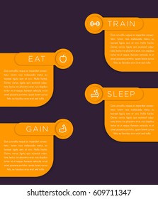 Train, eat, sleep, gain, labels with fitness line icons, vector illustration