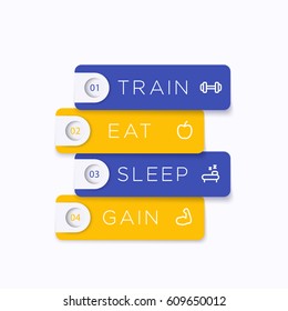 Train, eat, sleep, gain, vector labels with fitness icons, training principles