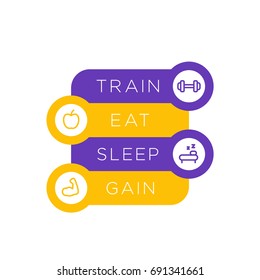 Train, eat, sleep, step labels with fitness line icons, template with basic training principles