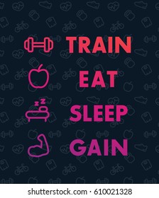 Train, eat, sleep, vector poster for gym with fitness icons