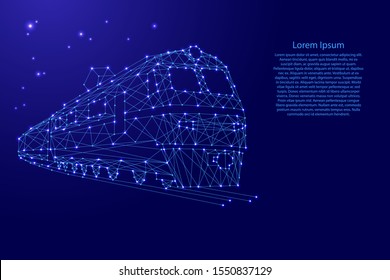 Train electric locomotive with carriages from futuristic polygonal blue lines and glowing stars for banner, poster, greeting card. Vector illustration.