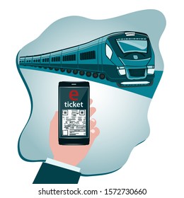 Train - Electronic ticket on screen smartphone in businessman hand - vector. Online travel mobil app. E-shopping concept.