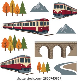 Train Elements Collection: A vibrant collection of train-themed illustrations featuring passenger trains, scenic mountain backdrops, an old stone bridge, autumnal trees, and winding road elements.