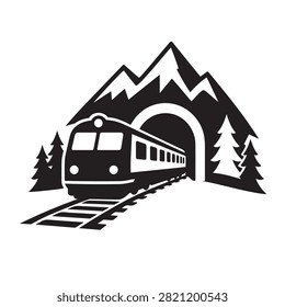 Train emerging from a mountain tunnel icon with pine trees in the foreground.