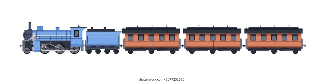 Train engine with wagons side view. Steam locomotive with passenger carriages. Old railroad transport, railway vehicle for rail travel, trip. Flat isolated vector illustration on white background