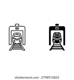 Train entering and exiting a tunnel on railway tracks with two trains, one entering and one